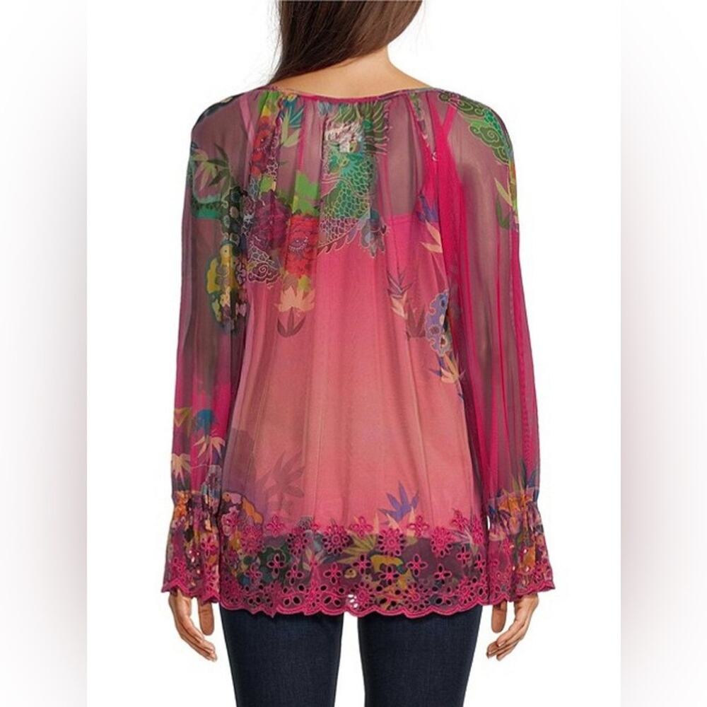 JOHNNY WAS Mazzy Floral Print Contrast Embroidered Mesh V-Neck Blouse XXL - Picture 3 of 5